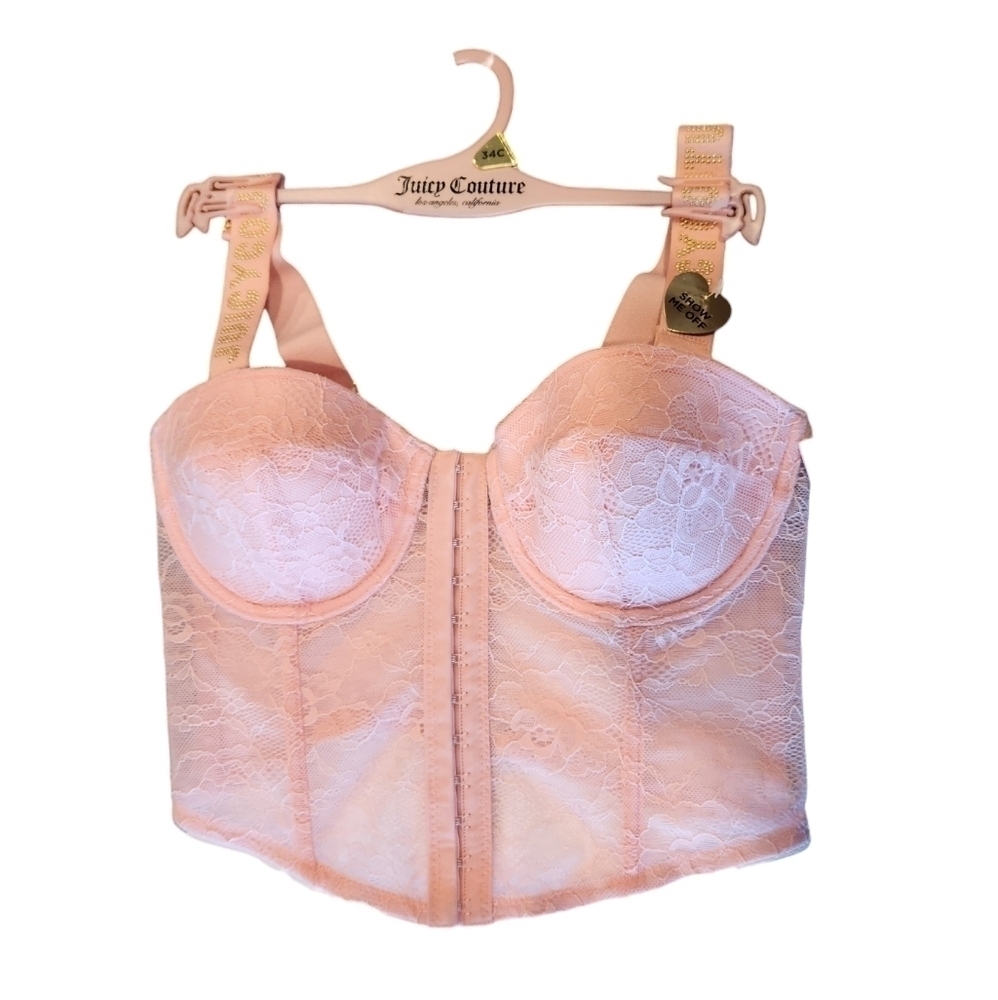 Juicy Couture Pink Lace Bustier, Gold Studded Logo Straps, 34C, New With Tags - Picture 3 of 10